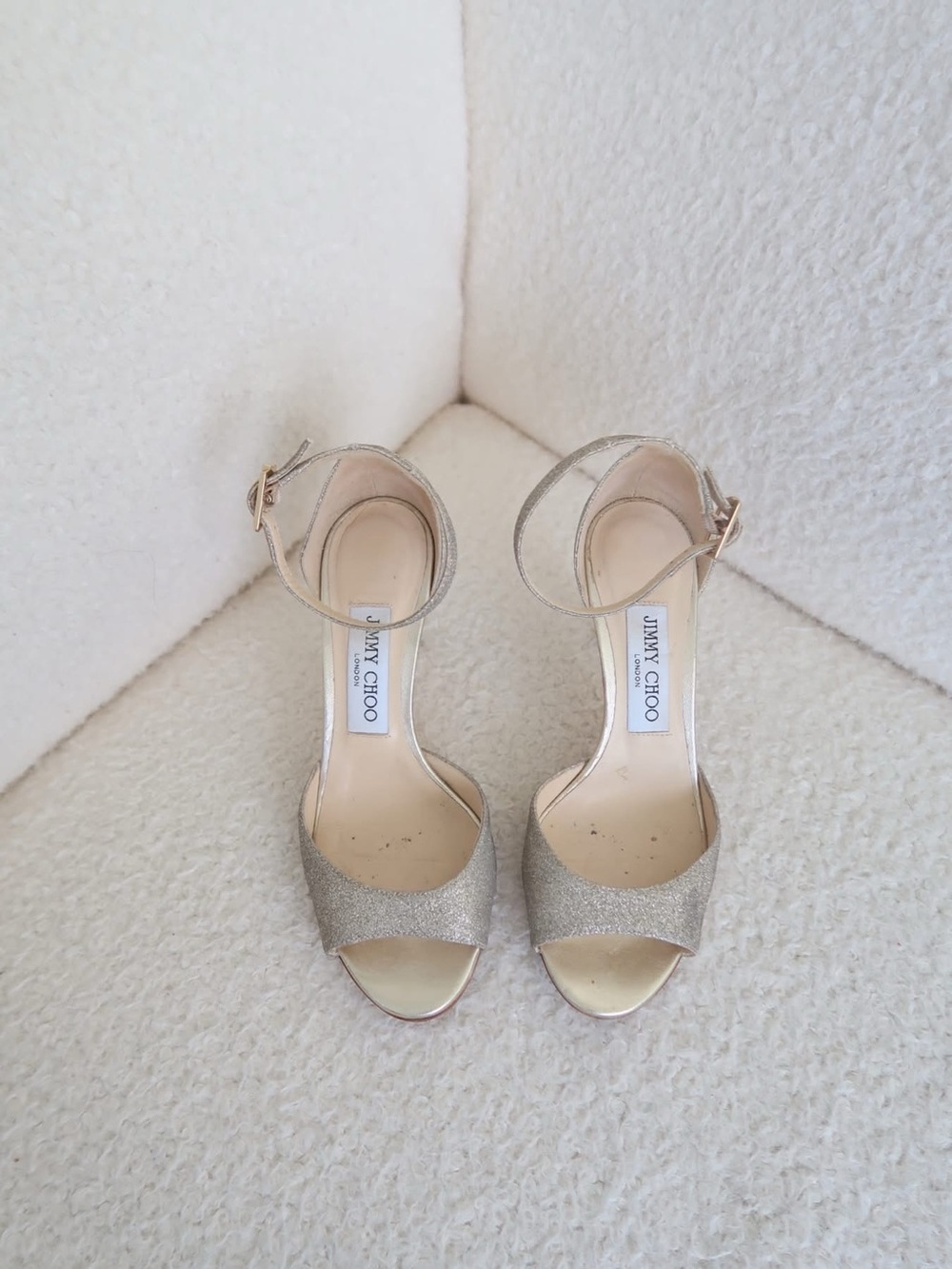 Jimmy Choo Gold Glitter Open-Toe Ankle-Strap Heels